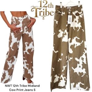 NWT 12th Tribe Midland Cow Print High Rise Straight Leg Cotton Jeans Women's S
